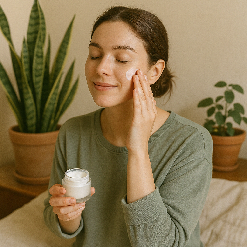 Donna che applica delicatamente crema naturale sul viso in un ambiente rilassante con piante verdi
